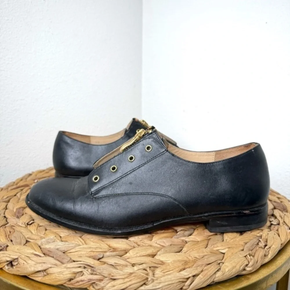Carmen Marc Valvo Oxfords Black leather Zipper Laceless Shoes Academia womens
